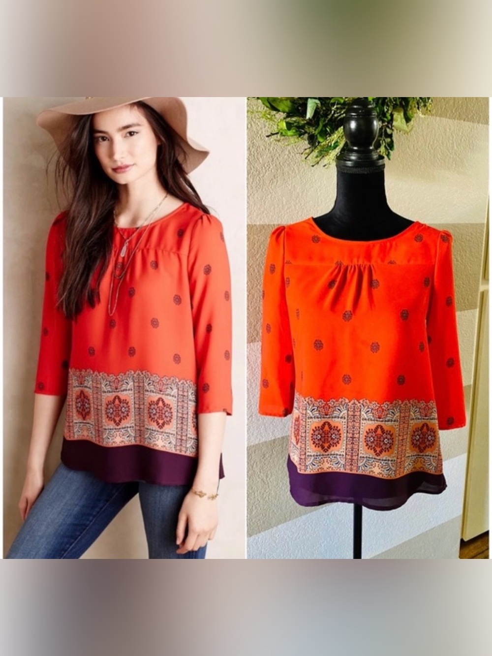Maeve by Anthropologie Orange Printed Peasant Blouse with Purple Border size 10